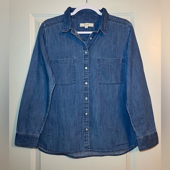LOFT | Classic Blue Denim Button Down Shirt Size LP - Picture 6 of 6